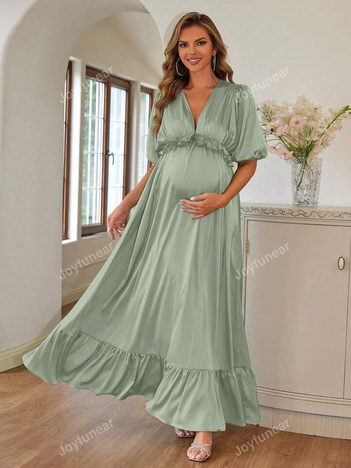 Joyfunear Maternity V-Neck Ruffled Sleeves Vacation Dress, Elegant, For New Year Party | SHEIN