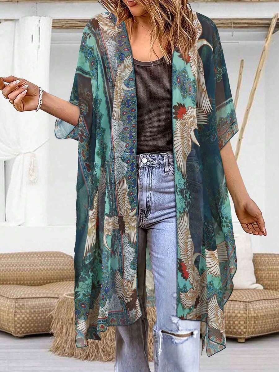 Plus Size Women Bohemian Style Crane Pattern Casual Beach Resort Summer Kimono Cover Up Spring Va... | SHEIN