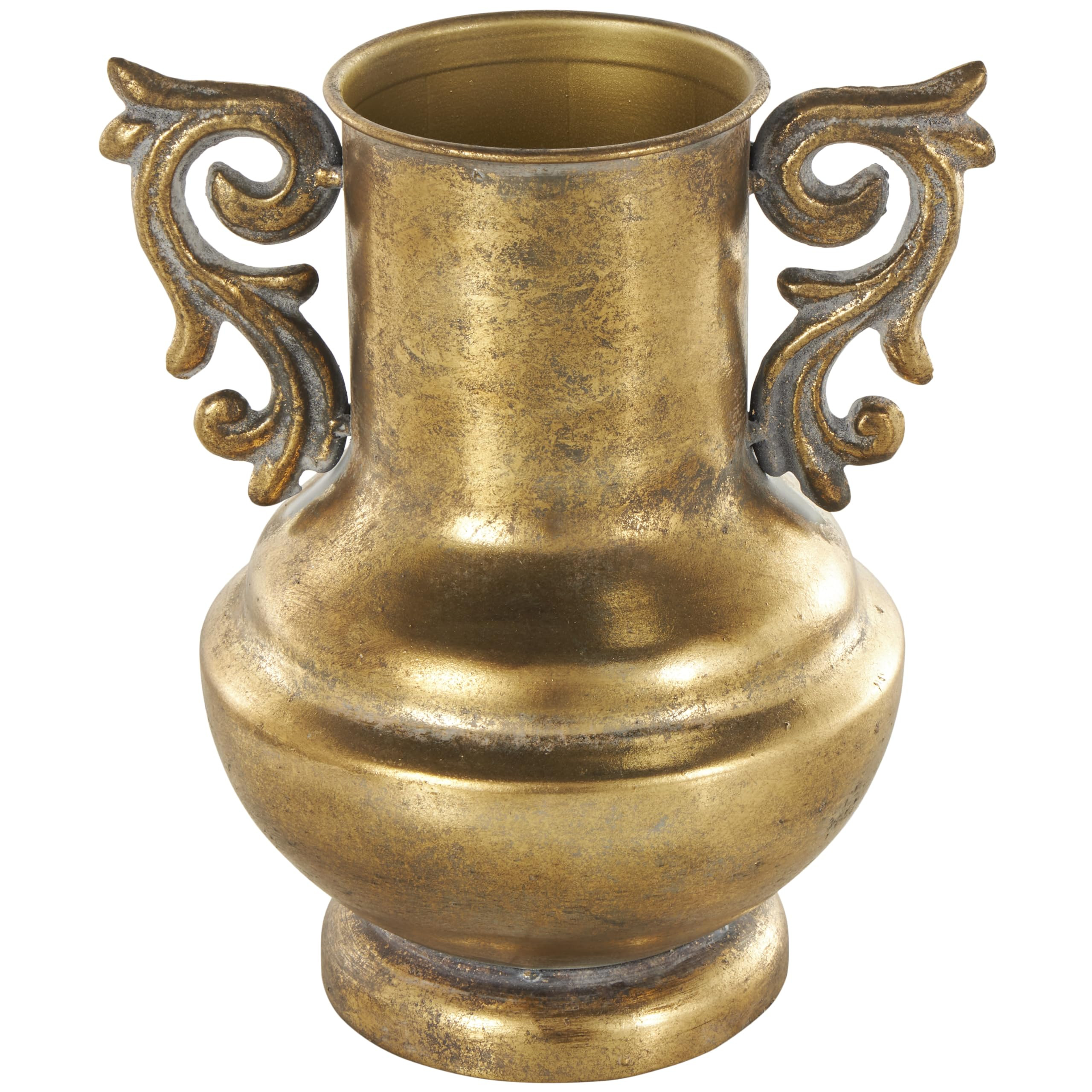 Deco 79 Metal Decorative Vase Weathered Vintage Amphora Centerpiece Vase with Scroll Handles, Flower Vase for Home Decoration 7" x 7" x 10", Gold | Amazon (US)