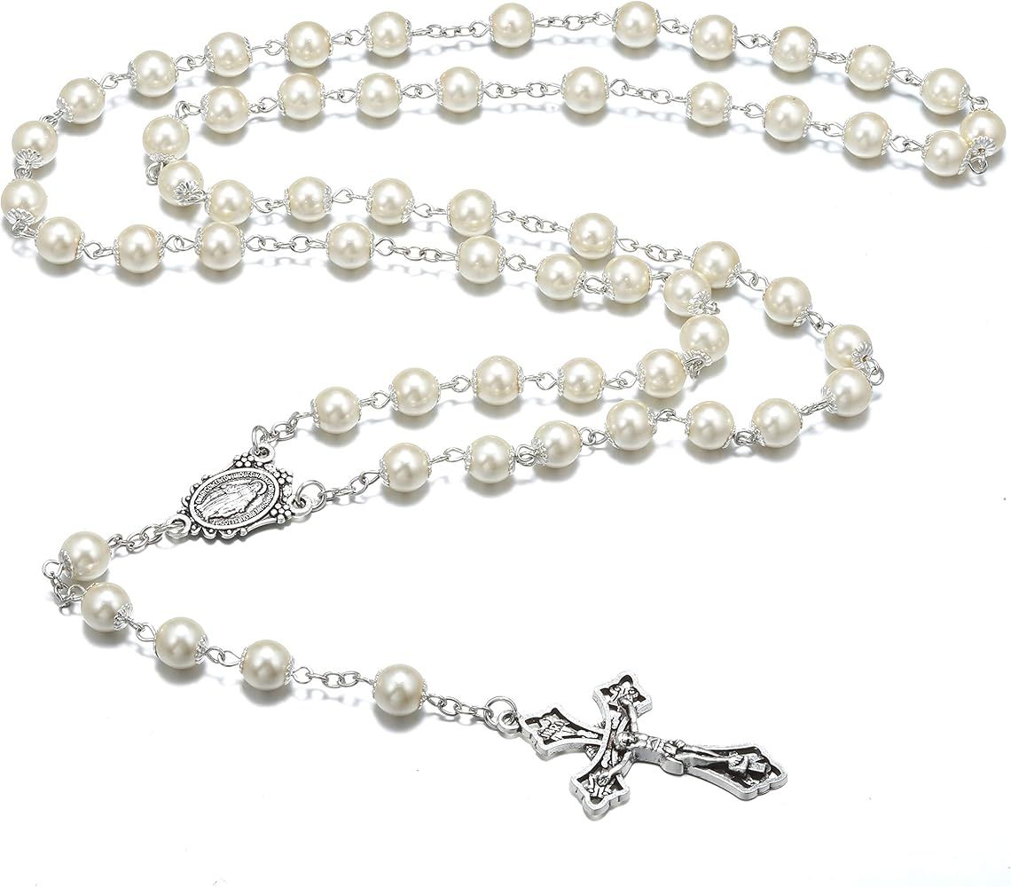 Catholic Pearl Beads Rosary Necklace Metal Beaded Miraculous Medal & Cross Rosary for Women | Amazon (US)