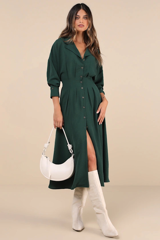 Timeless Class Dark Green Collared Button-Up Pleated Midi Dress | Lulus