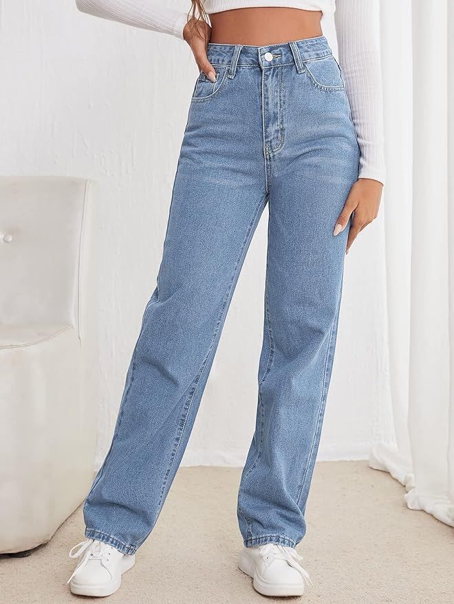 WDIRARA Women's High Waisted Button Straight Leg Jeans Denim Pants with Pockets | Amazon (US)
