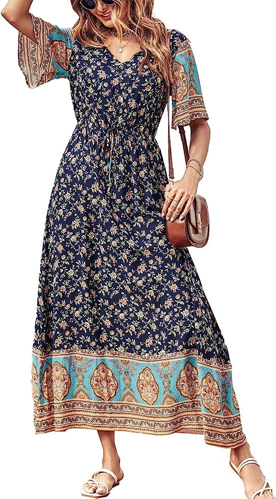 PRETTYGARDEN Women's Casual Floral Print V Neck Short Sleeve Summer Boho Beach Dress High Waist L... | Amazon (US)