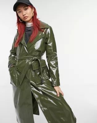 Urbancode high shine PU belted trench coat in khaki | ASOS (Global)