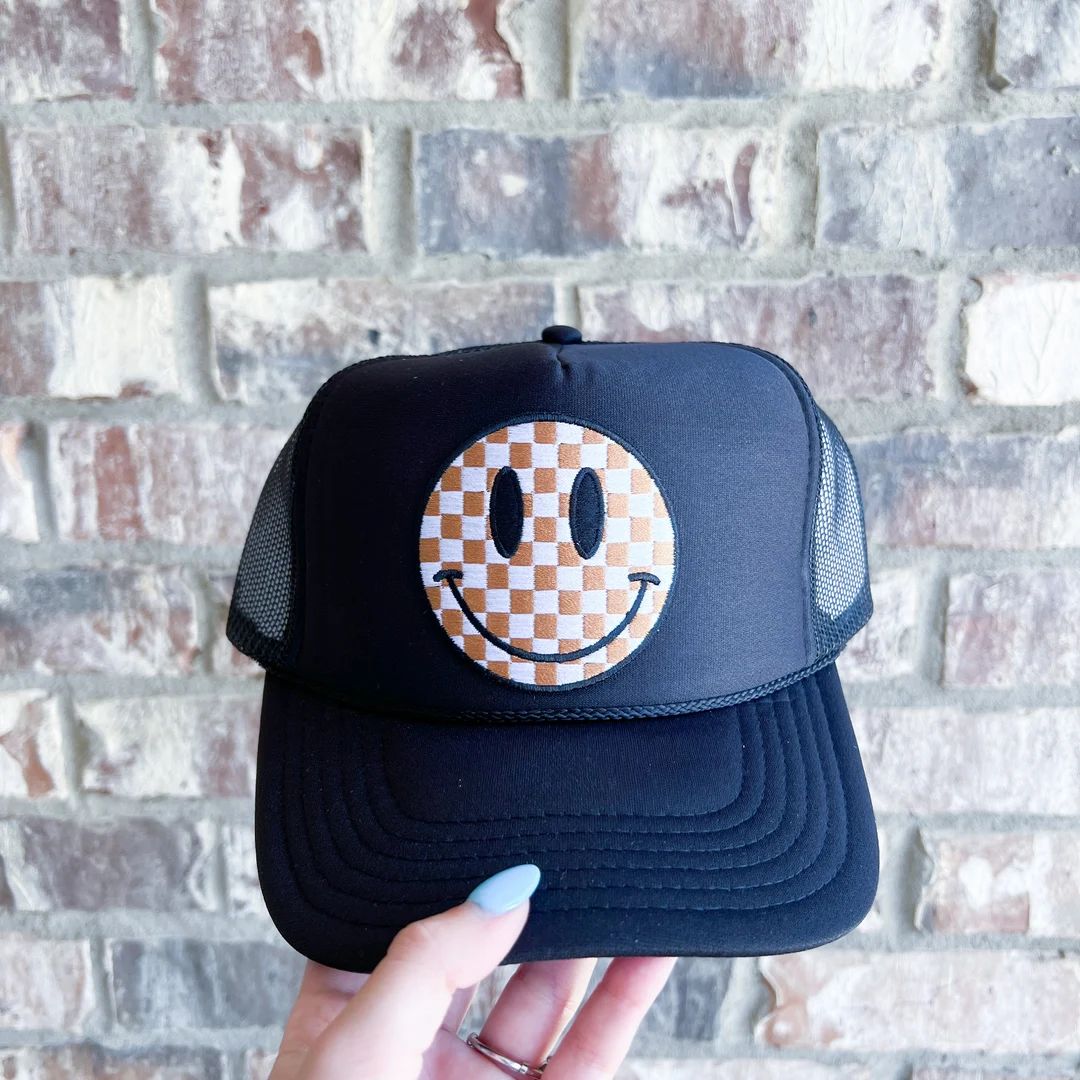 Neutral Checkered Happy Smile Face Foam Trucker Hat | Fall College Hats Custom Hats Hat Trip Summ... | Etsy (US)