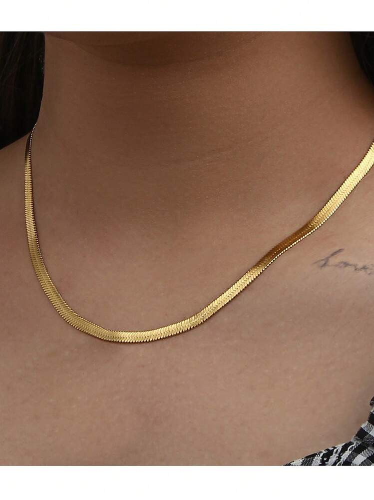 1pc 18K Gold Plated Thick Flat Snake Chain Women Necklace, Stainless Steel Choker | SHEIN