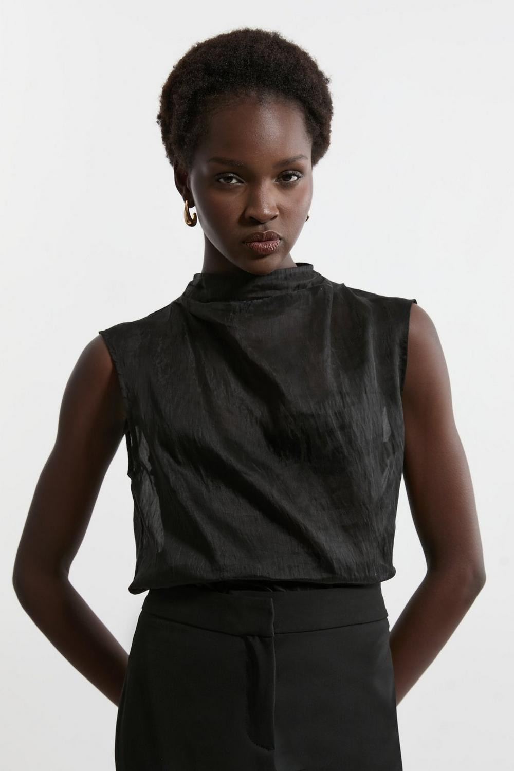 Slub Organdie Woven High Neck Top | Karen Millen US