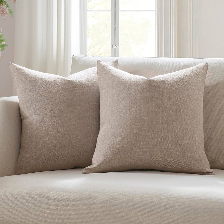 Meekio Set of 2 Light Taupe Pillow Covers 18x18, Farmhouse Linen Decorative Throw Cushion Covers ... | Amazon (US)
