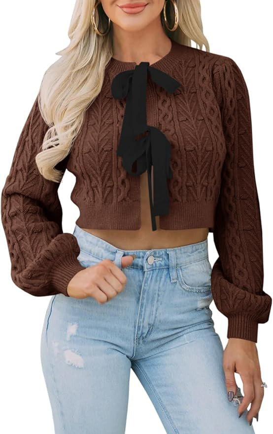 Saodimallsu Womens Cropped Cable Knit Cardigan Sweaters Long Sleeve Bow Tie Front Crew Neck Chunk... | Amazon (US)
