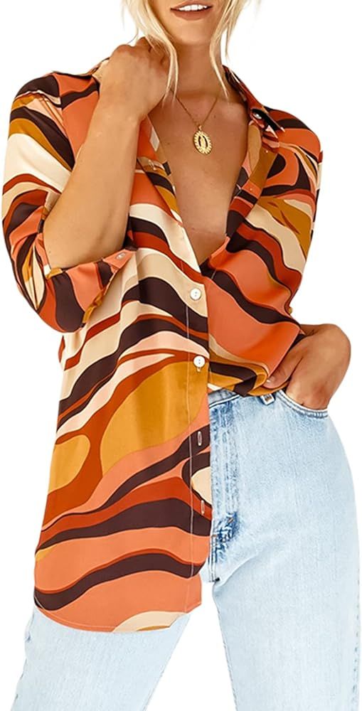 Women Girl Casual Loose Oversized Collar Long Sleeve Button Down Shirts Solid Striped Plaid Print... | Amazon (US)