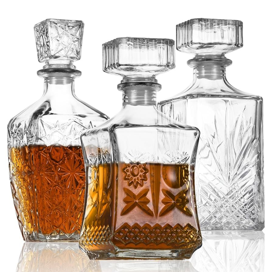 Whiskey Decanter, Liquor Decanters Set of 3, Glass Alcohol Bottle for Vodka, Tequila and Bourbon ... | Amazon (US)