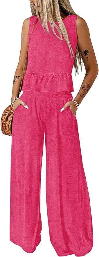 Dokotoo Pants Sets Women 2 Piece Outfits Sleeveless Round Neck Tank Tops Matching Sets for Women ... | Amazon (US)