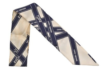 Authentic HERMES Twilly Scarf "Bolduc" Silk White Navy Blue 0242I  | eBay | eBay US