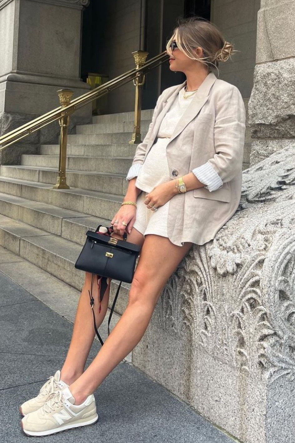 Stassi Schroeder, wearing a linen blend, oversize cream, colored neutral, blazer, neutral, colored sneakers, cat eye, black, sunglasses, leather top handle satchel bag

#LTKbump #LTKstyletip #LTKFind