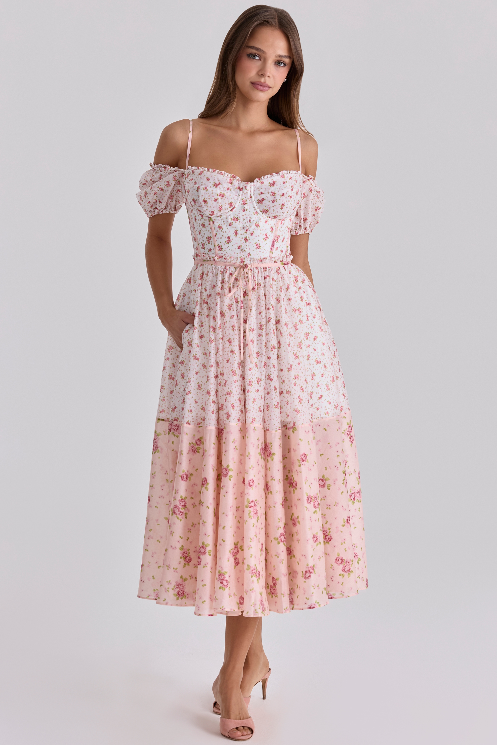 white rose print georgette ribbon midi dress | House of CB