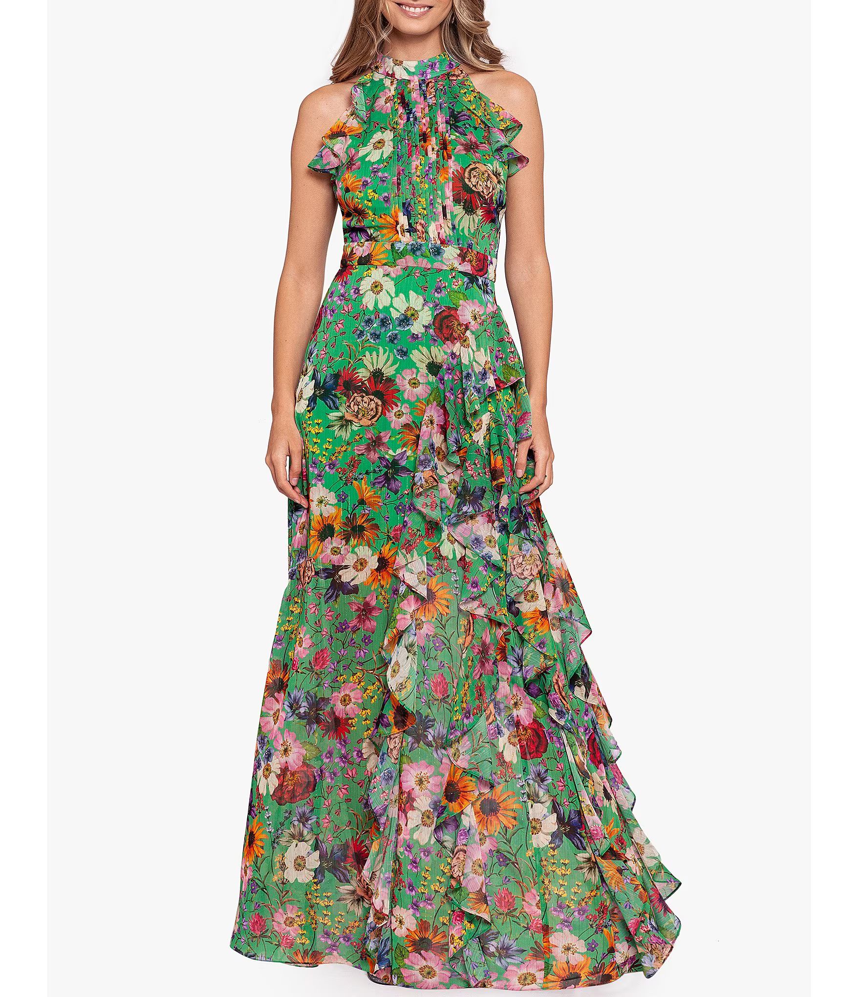 Halter Neck Sleeveless Ruffle Front Floral Chiffon Maxi Dress | Dillard's