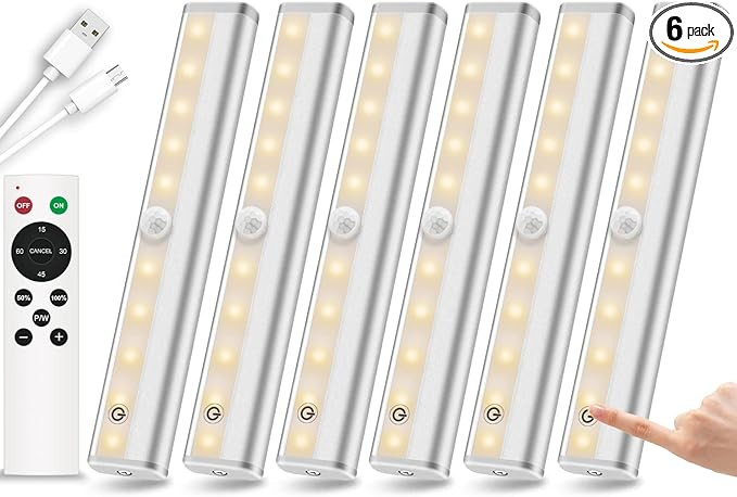 Remote Control Under Cabinet Lighting Wireless 6 Pack, 20-LED Dimmable Closet Lights Rechargeable... | Amazon (US)