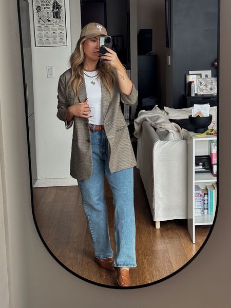 bodysuit and jeans - abercrombie 
belt - amazon
blazer - h&m
mules - target
hat - aritzia 

#LTKWorkwear #LTKStyleTip #LTKFindsUnder50