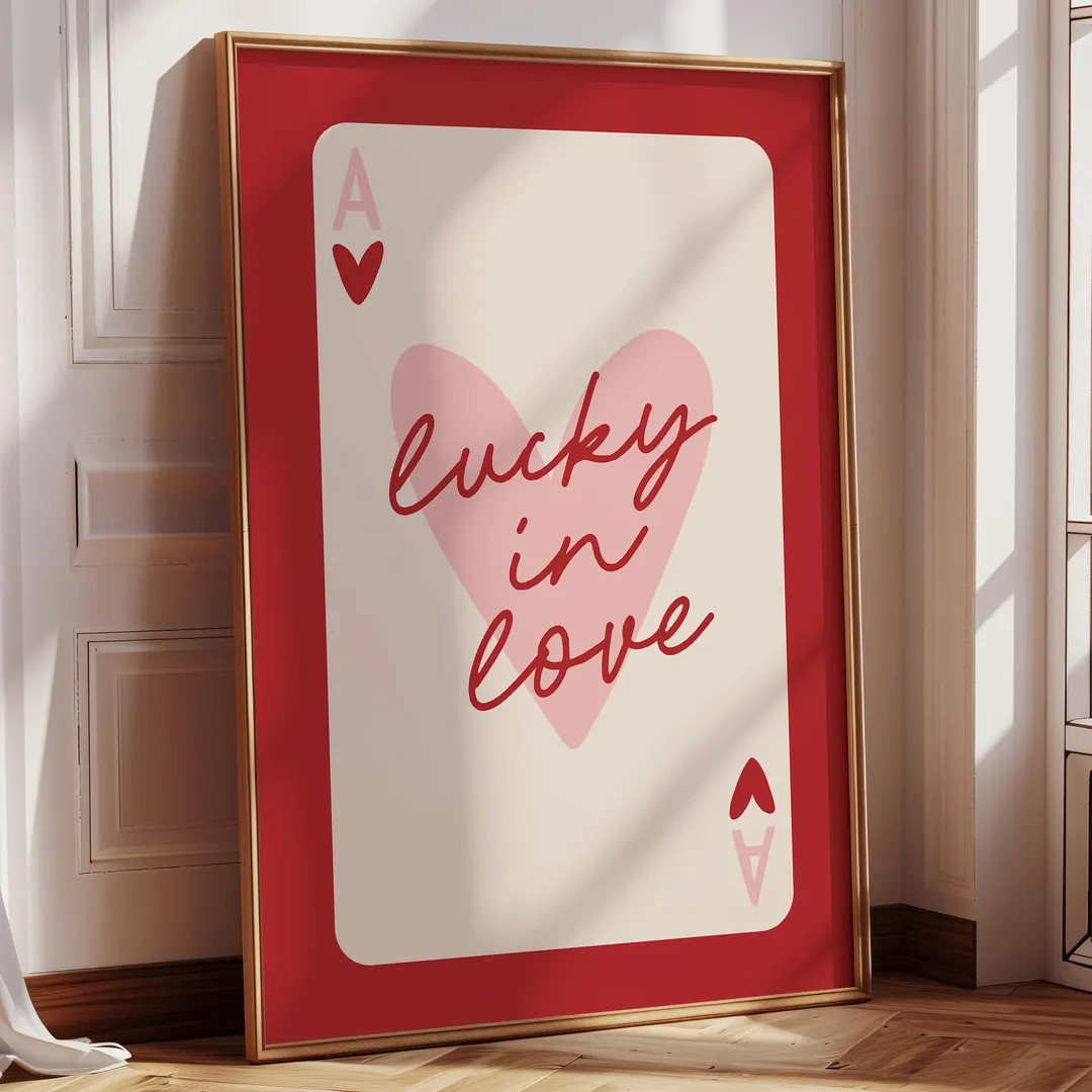 lucky in love ace of hearts card aesthetic poster trendy valentines day wall art red pink heart r... | Etsy (US)