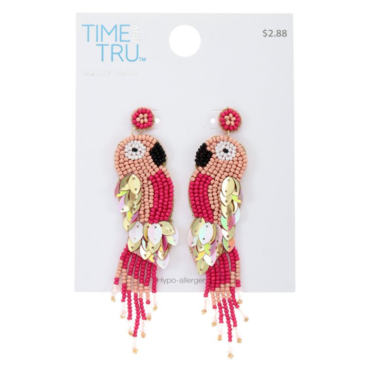 Time and Tru Women's Beaded Parrot Earrings, Pink | Walmart (US)
