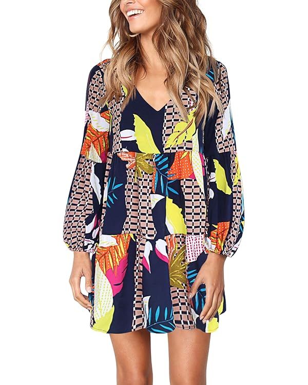 Amoretu Women Summer Tunic Dress V Neck Casual Loose Flowy Swing Shift Dresses | Amazon (US)