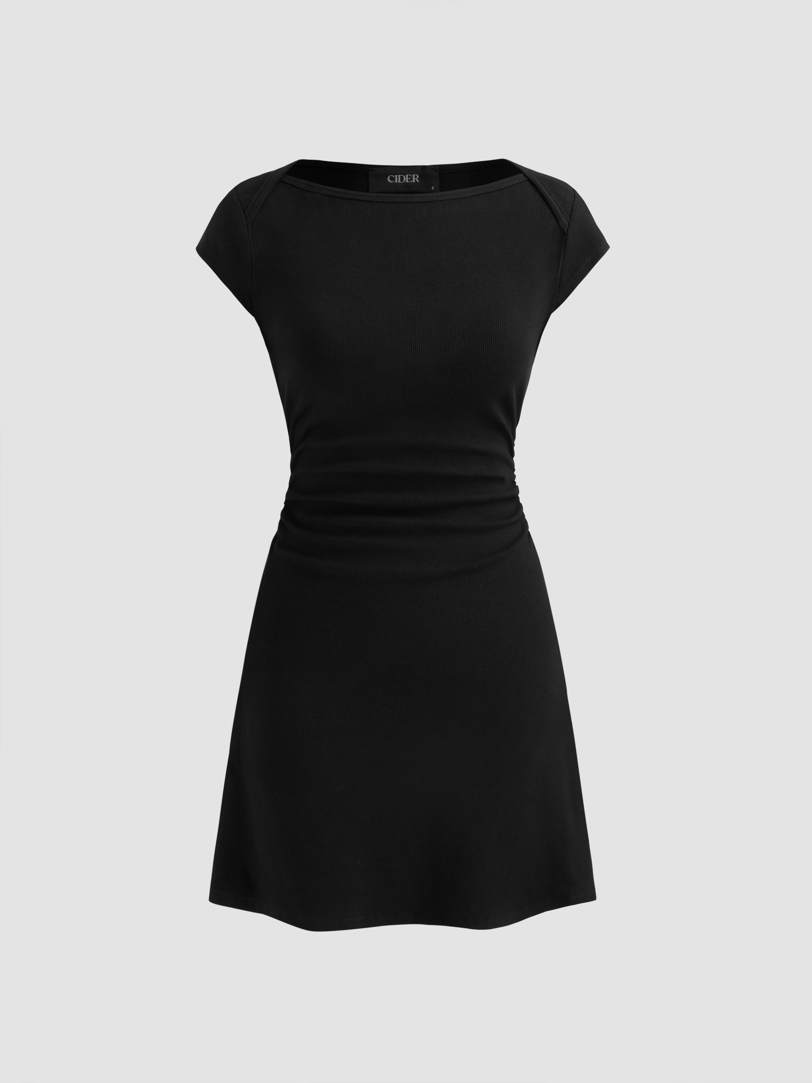 Knit Fabric Cotton Cotton-blend Boat Neck Solid Ruched Mini Dress For Daily Casual | Cider