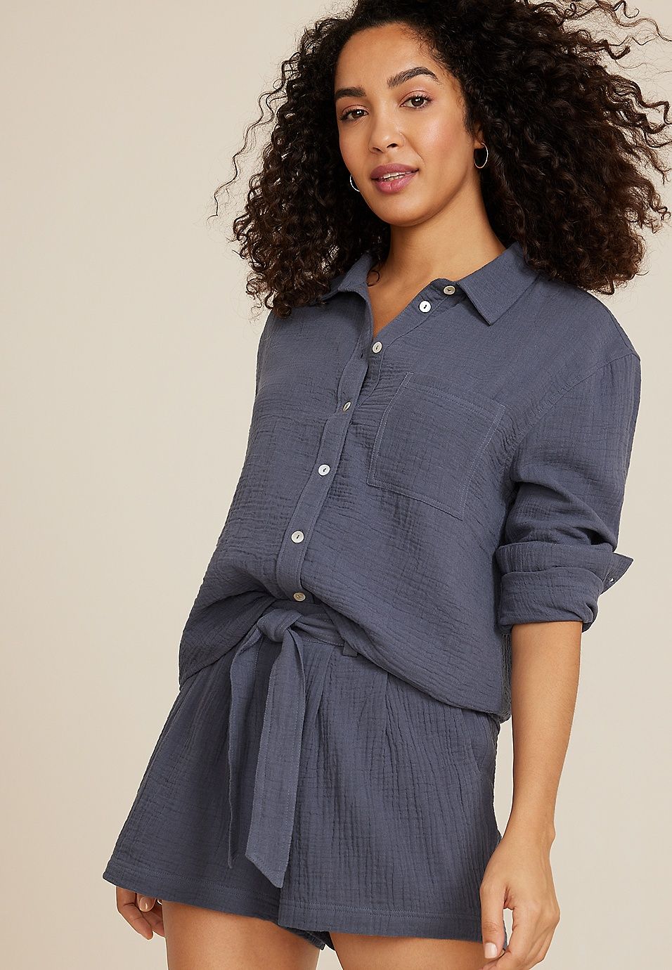 Cropped Double Cloth Relaxed Button Up Shirt | Maurices