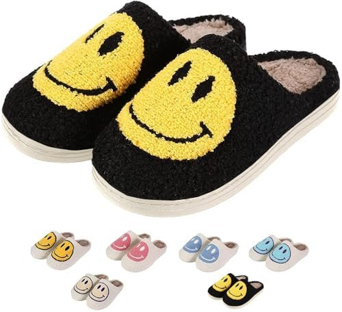 Retro Fuzzy Happy Face Slippers for Women Men, Cozy House Shoes | Amazon (US)