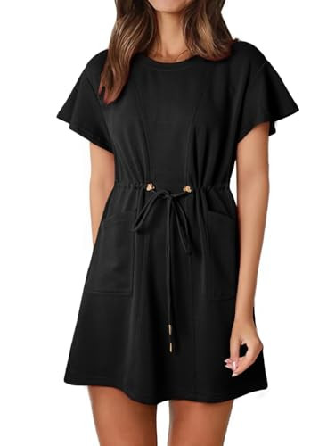 EVALESS Womens Summer Dresses Casual Round Neck Ruffle Short Sleeve Flowy A Line Mini Dress with ... | Amazon (US)