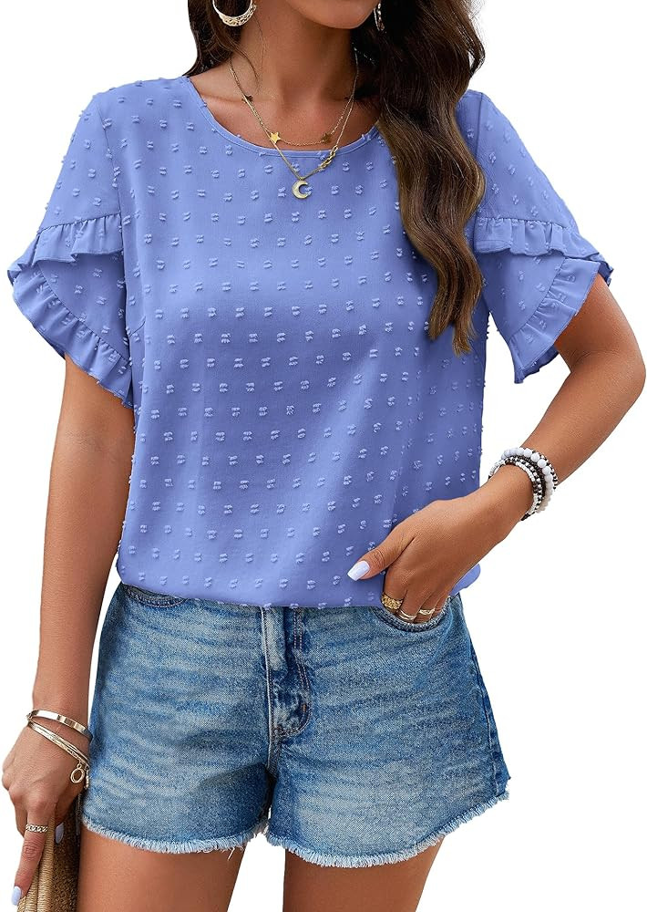 PRETTYGARDEN Women's Tops Summer Ruffle Short Sleeve Crewneck Blouses Swiss Dots Solid Loose Tuni... | Amazon (US)