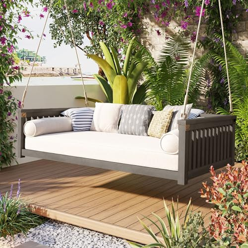 LUMISOL Outdoor Porch Swing Bed, Twin Size Acacia Wood Swing Bed Frame with Ropes, Swing Loveseat for Patio, Garden, Backyard, Safe Sloped Design, Grey | Amazon (US)
