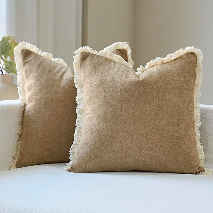 Amor Virisso Fringe Throw Pillow Covers 18x18 Set of 2 Boho Neutral Farmhouse Decorative Pillow C... | Amazon (US)