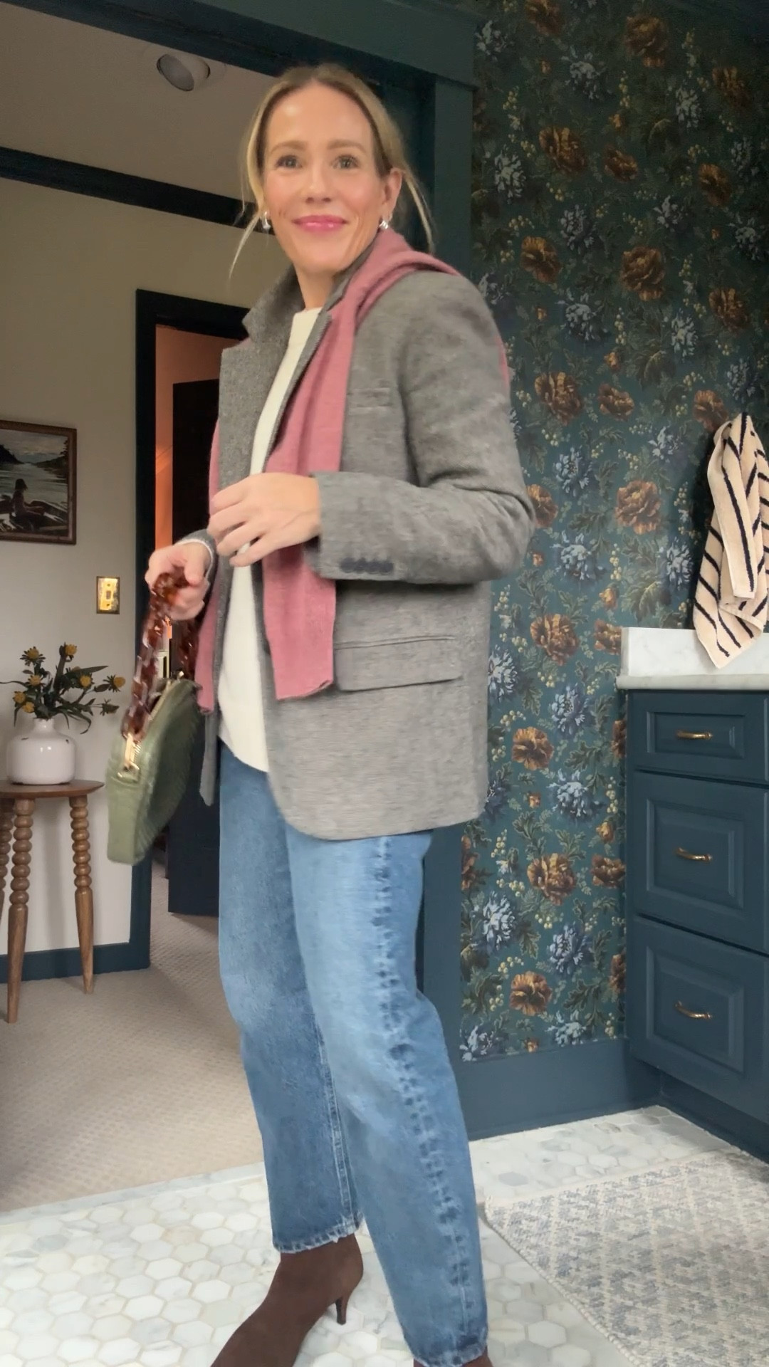 Wearing my regular size small in both @onequince cashmere sweaters ~ oversized in cream and classic in rose pink ~ so many great color options in both! I took my regular size in the brown blazer but it is closer fitting at my hips when buttoned. Swapped the crossbody strap on the leather green bag. Linked more favorites too!  #quincepartner @Shop.LTK #liketkit

#LTKOver40 #LTKFindsUnder100 #LTKWorkwear