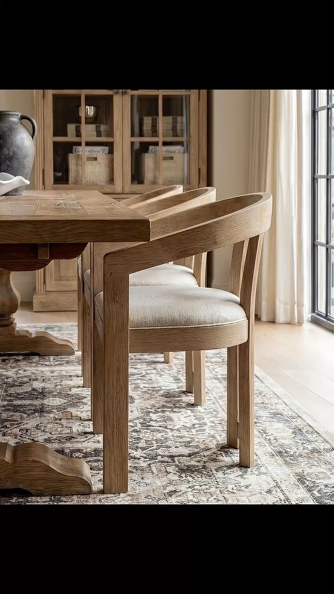 Shop the Look:
• Solid wood pedestal dining table (warm oak tone)
• Light wood dining chairs with upholstered seats
• Neutral vintage-style area rug (soft brown pattern)
• Brass chandelier with tapered fabric shades
• Exposed wood ceiling beams
• Large wood and glass display cabinet
• Fluted wood sideboard cabinet with brass hardware
• Black ceramic table lamp with linen shade
• Framed neutral textile wall art
• Matte black decorative vase
• Wood bead garland with tassels
• Decorative wood tray with ceramic bowl
• Small abstract sculpture decor
• Olive tree in stone planter
• White scalloped ceramic centerpiece bowl
• Dark ceramic pitcher vase (table decor)
• Glass hurricane candle holder
• Sheer neutral curtains



#LTKHome #LTKSaleAlert