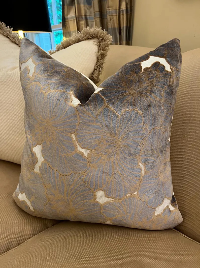 Bronze Blue Grey Cut Velvet Pillow Cover Decorative Velvet Accent Pillow Modern Botanical Pillow ... | Etsy (Global)