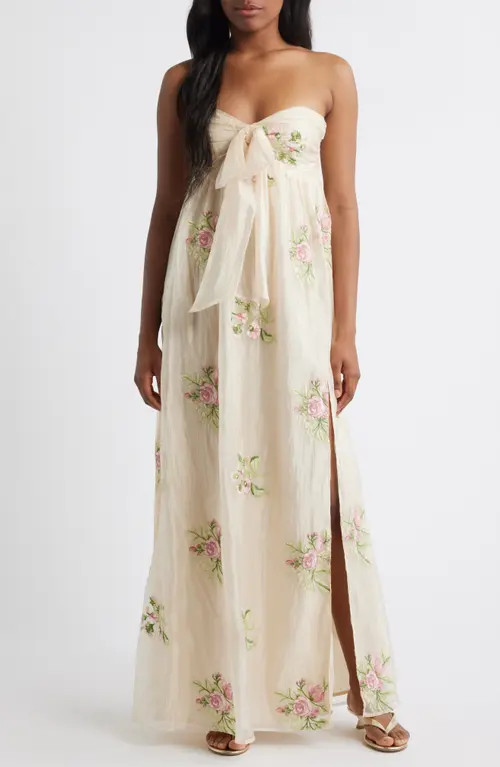 Lulus Fiona Floral Embroidery Strapless Dress in Cream Multi at Nordstrom, Size Medium | Nordstrom