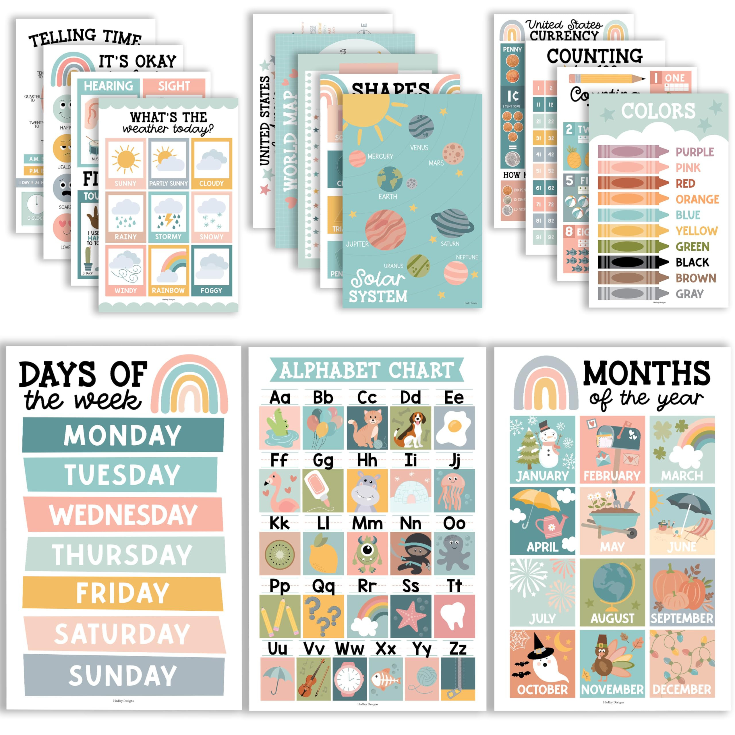 Hadley Designs 16 Educational Posters for Toddlers 1-3, Laminated Toddler Learning Posters for Pr... | Amazon (US)