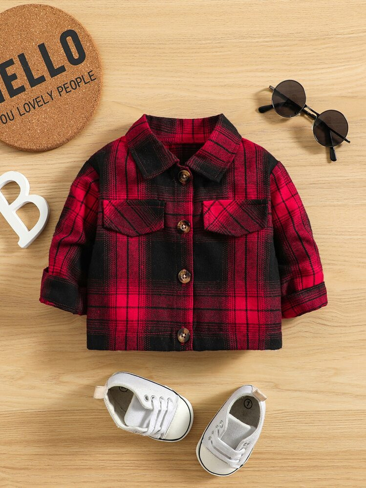 Baby Boy Plaid Print Flap Detail Coat | SHEIN