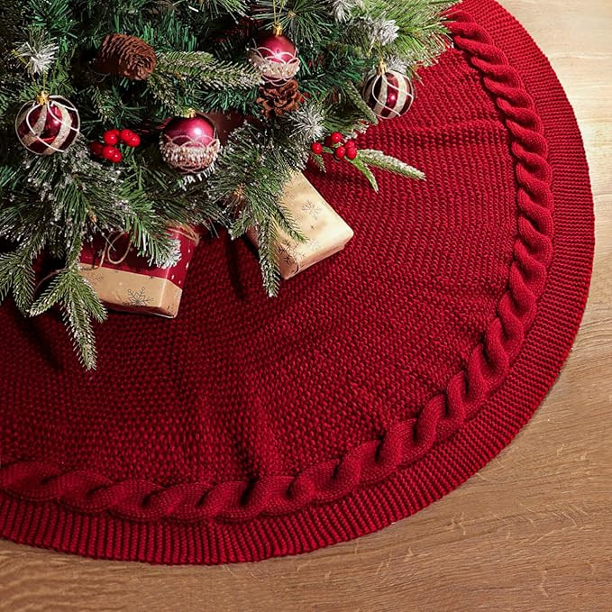 48 Inch Christmas Tree Skirt: Cable Knit Tree Skirt for 7.5FT Tree, Wine Red Tree Skirt, Vintage ... | Amazon (US)