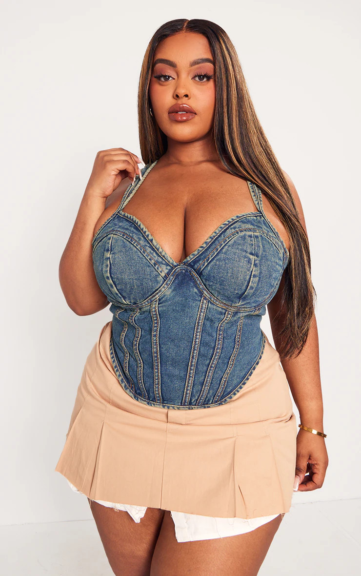 Plus Vintage Wash Dip Hem Bust Cup Denim Corset | PrettyLittleThing US