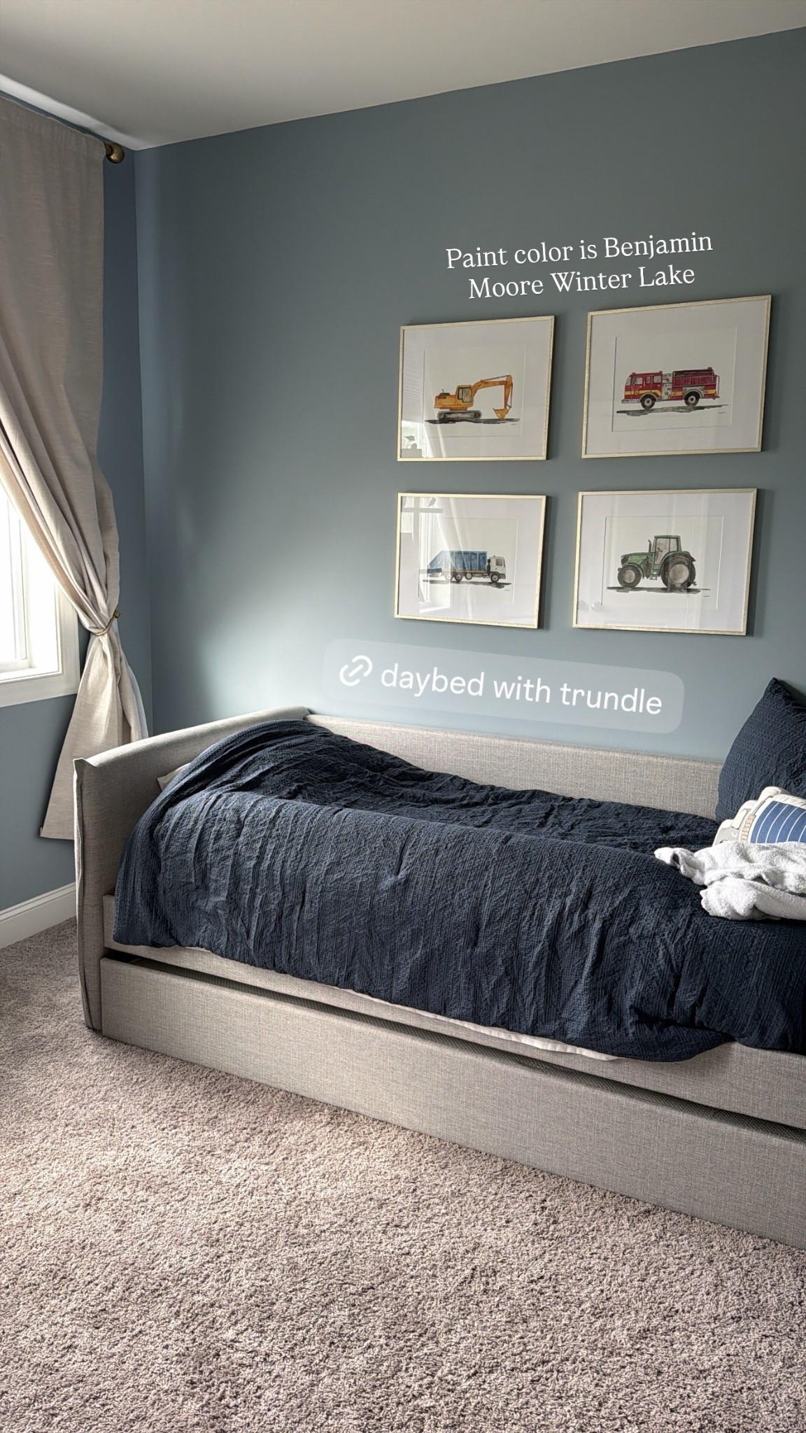 The daybed with trundle we have in Cam’s room  Paint color is Benjamin Moore Winter Lake