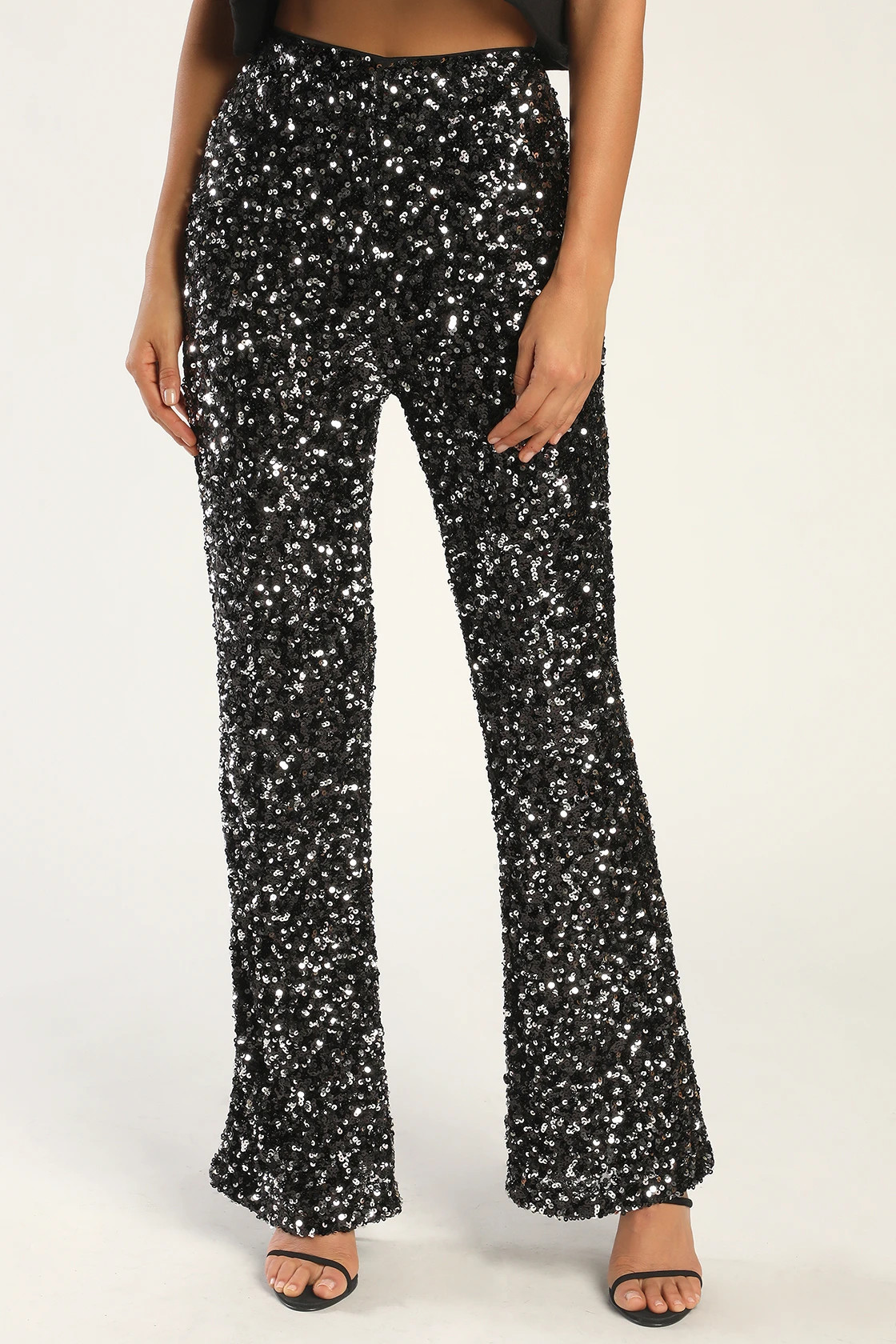 Glamorous Allure Black and Silver Sequin Sequin Flare Pants | Lulus (US)