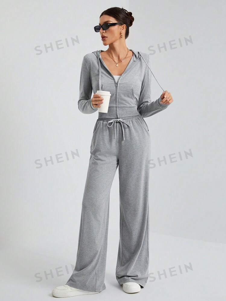 SHEIN Tall Casual Street Gray Hooded Mid-Front Zipper Tight Top + Wide-Leg Trousers Two-Piece Set | SHEIN