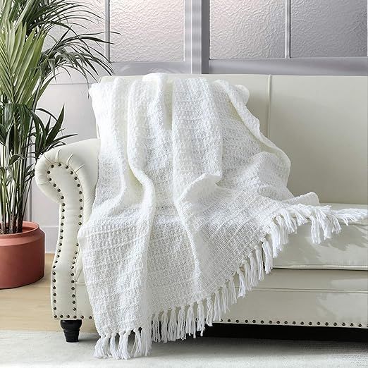 Chunky Knit Throw Blanket, Cream White Soft Warm Cozy Bed Throw Blanket with Tassels, Boho Style ... | Amazon (US)
