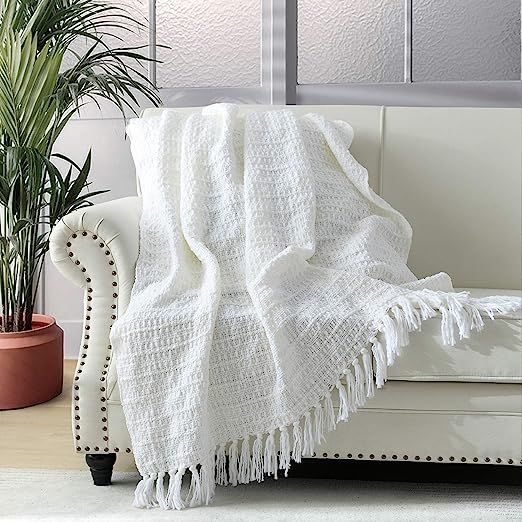 Chunky Knit Throw Blanket, Cream White Soft Warm Cozy Bed Throw Blanket with Tassels, Boho Style ... | Amazon (US)