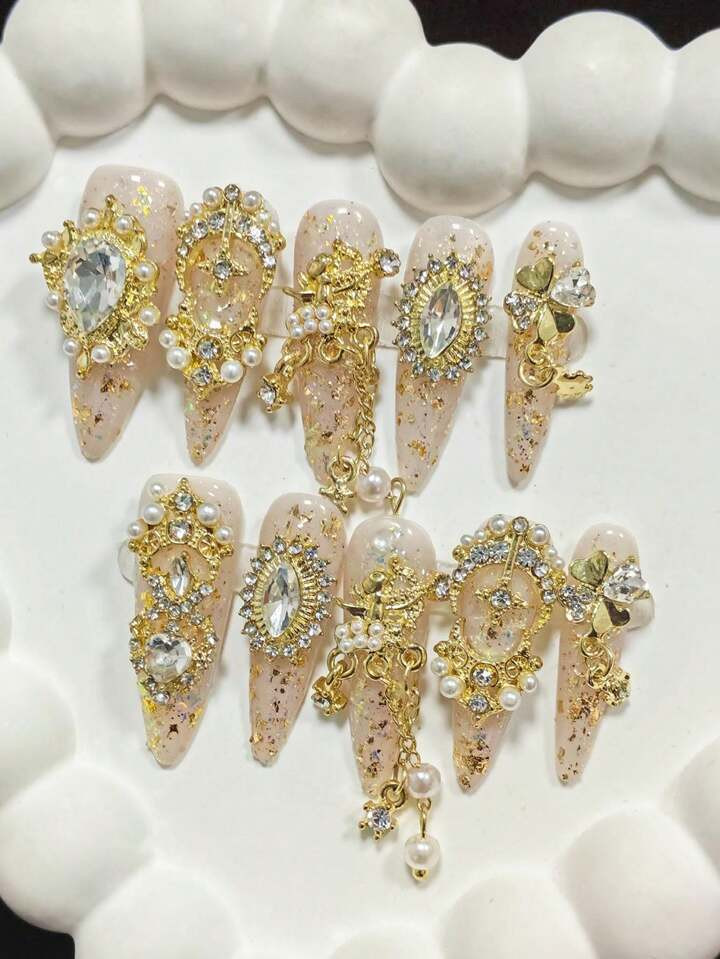 10pcs Pure Handmade Exquisite Luxurious Temperament High-End Flashing False Nails Wear Nails, Chain Pendant With Three-Dimensional Gorgeous Diamond Nail Art Wear Nails, Home Nail Art Design Artificial Nails With Three-Dimensional Diamond Nail Art Wear Nails | SHEIN