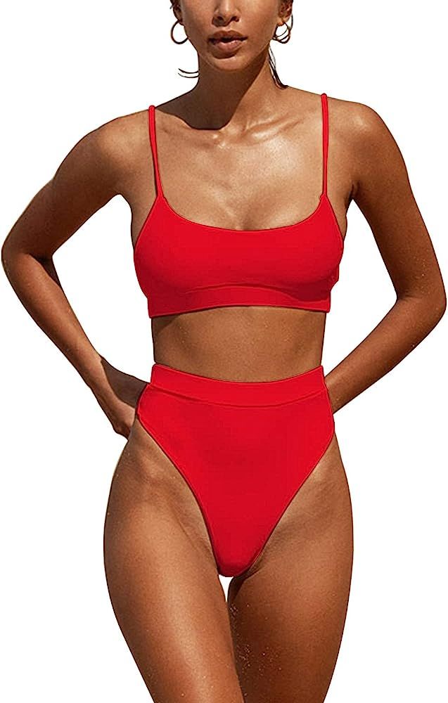 DaiLiWei Womens Swimsuits High Waist Crop Sports Bikini Sets Two Piece High Cut Bathing Suits Swi... | Amazon (US)