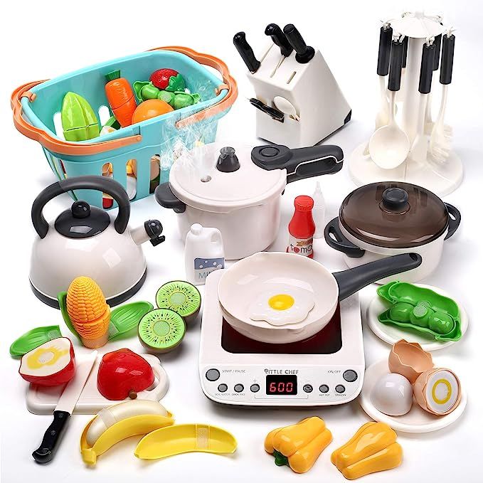 CUTE STONE Pretend Play Kitchen Toy with Cookware Steam Pressure Pot and Electronic Induction Coo... | Amazon (US)