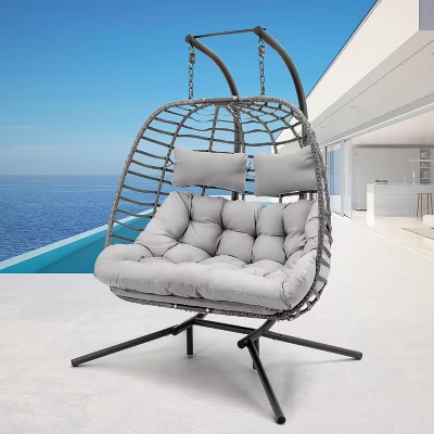 Brafabhome 2 Person Hanging Egg Chair with Stand, Rattan Wicker Double Egg Swing Chairs with Cushion Hammock Chair for Indoor Outdoor | Light Gray | Target