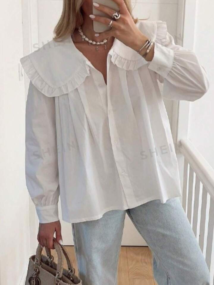 SHEIN Essnce Women's Peter Pan Collar Solid Color Pleated Casual Blouse | SHEIN USA | SHEIN